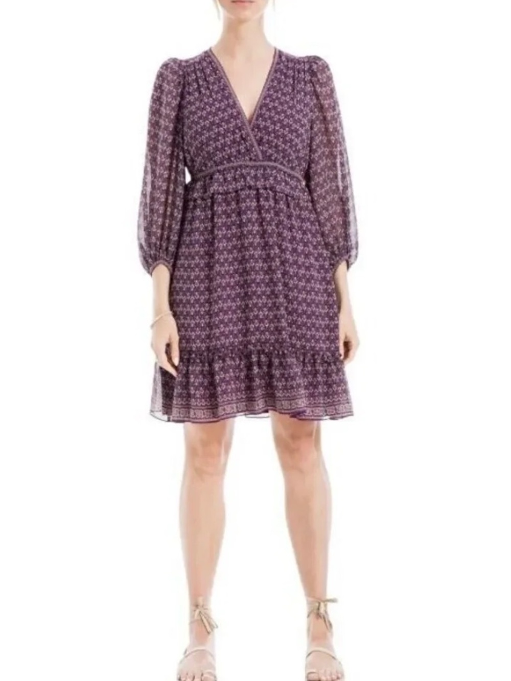 NWOT Max Studio Purple Floral Fan Balloon Sleeve A-Line Dress MED never worn